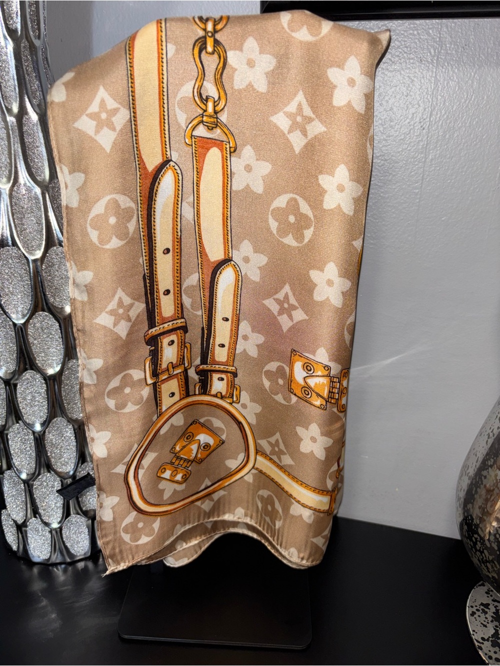 β¨ Chic Monogram Print Silk Square Scarf - Beige & Gold β¨ - Picture 6 of 8
